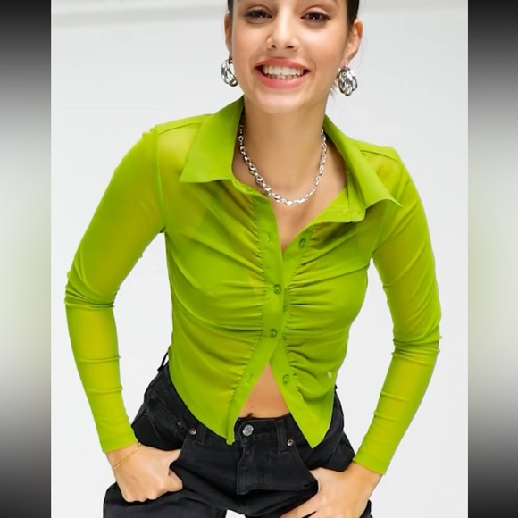 Topshop mesh ruch front shirt in green - Picture 3 of 7